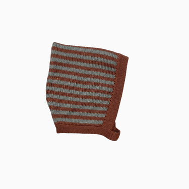 Bonnet pixi à rayures noisettes et gris-sauge en tricot d'alpaca 3-6M