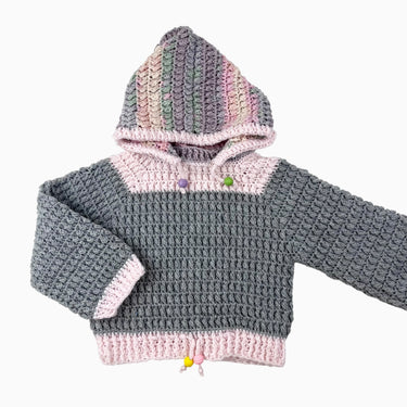 Pull fait main à capuchon gris et rose en tricot 6Y