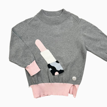 Pull gris en tricot de coton motif rouge à lèvre 4Y