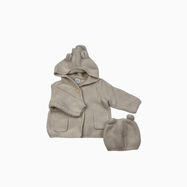 Ensemble veste à capuchon en tricot de coton et bonnet 3-6M