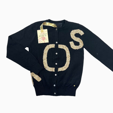 Cardigan noir en fin tricot de coton, polyamide et angora avec paillettes dorées 8Y