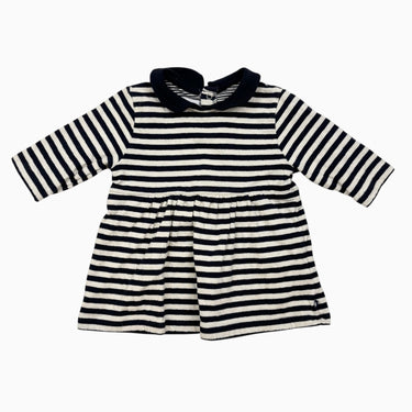 Robe à col claudine en coton à rayures marines et crèmes 3M