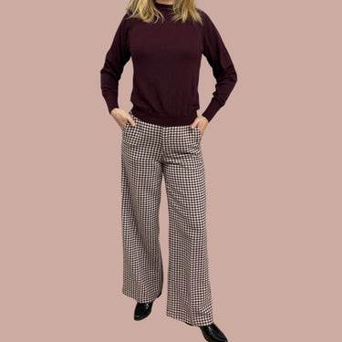 Pantalon pied de poule marron et rose pâle 'Hana' en laine mélangé pour femmes 27/30