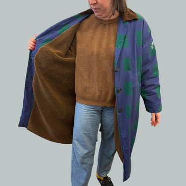 Manteau bleu à motifs verts et col en corduroy pour femmes XL