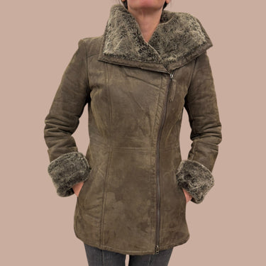 Manteau vintage marron en cuir doublé en peluche pour femmes 40EU