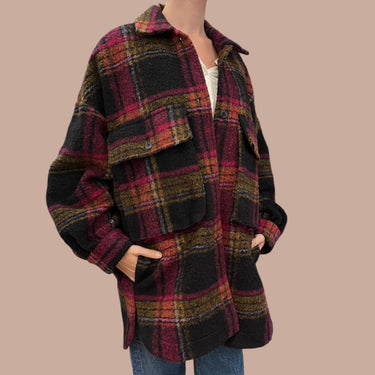 Surchemise carreauté fushia et noir en laine et poly pour femmes XS-S