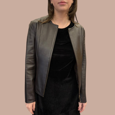 Veste vintage chocolat en cuir doublée en acétate pour femmes M