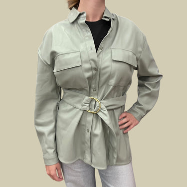Manteau gris-menthe en faux-cuir pour femmes 2US