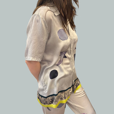 Chemise gris-bleu à motifs en soie pour femmes XS