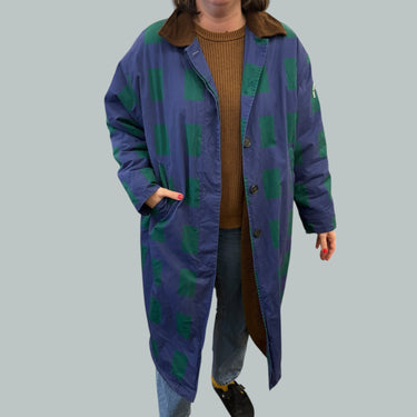 Manteau bleu à motifs verts et col en corduroy pour femmes XL