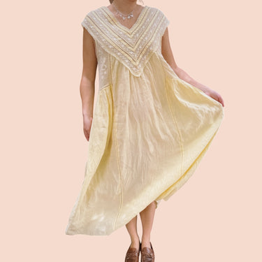 Robe maxi jaune avec fleurs brodées en coton et poly pour femmes S
