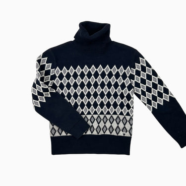 Pull marine et blanc à col roulé en tricot coton-laine 8Y