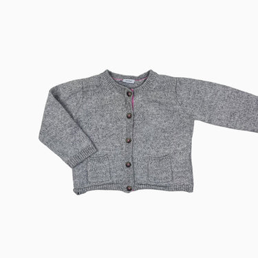 Cardigan gris en tricot de laine et coton avec boutonnière rose 12M