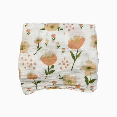 Couverture blanche fleurie pêche en mousseline