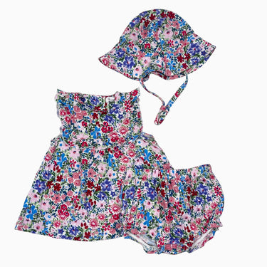 Ensemble 3 pièces tunique, bloomer et chapeau en rayonne de bambou à fleurs 6-12M