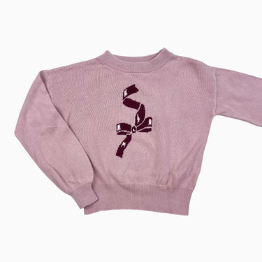 Pull rose avec ruban bordeau en tricot de coton bio 3-4Y