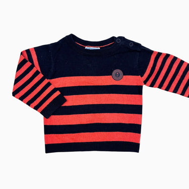 Pull marine à rayures orange-rouge en tricot de laine, coton et acrylique 12M