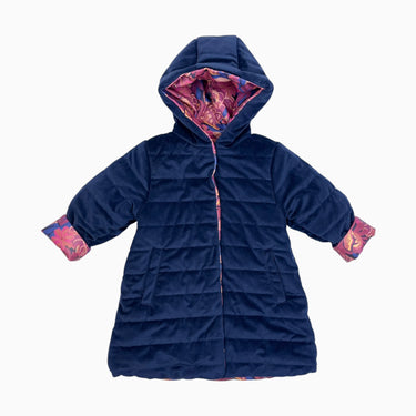 Manteau imperméable midi à fleurs roses réversible marine en velours 4Y