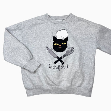 Pull gris chiné à imprimé "Le chef chat" en coton ouaté 9-11Y
