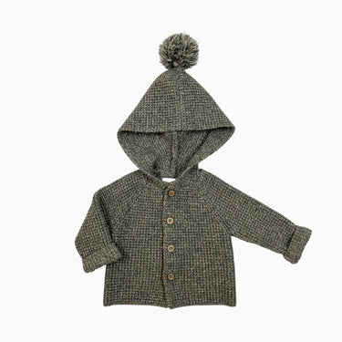 Cardigan à capuchon avec pompon vert en tricot doux mélangé 0-3M