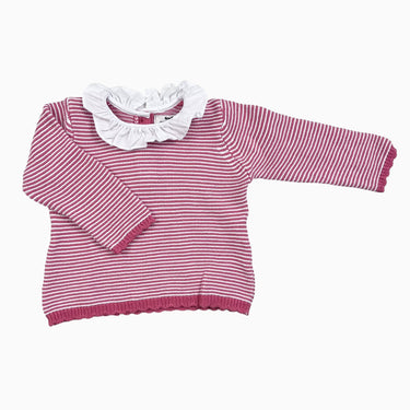 Pull tricot rayure rose col chemise 12M