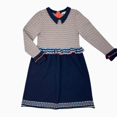 Robe à col taupe et marine à motifs en laine de mérinos 10Y