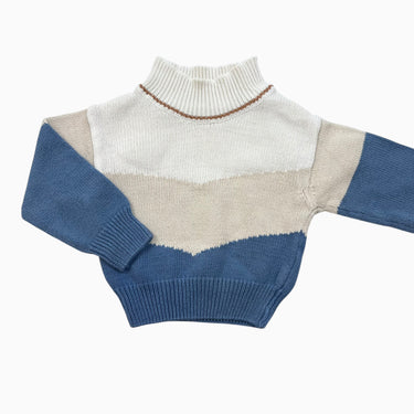 Pull colorblock crème, beige et bleu en tricot de coton 6-12M