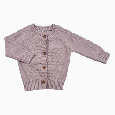 Cardigan rose poudré en tricot de coton torsadé et popcorn 6-12M