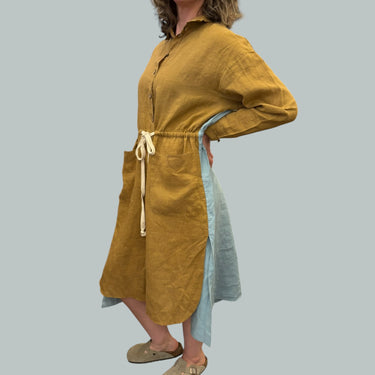 Robe tunique latté et bleue en lin pour femmes avec sac M