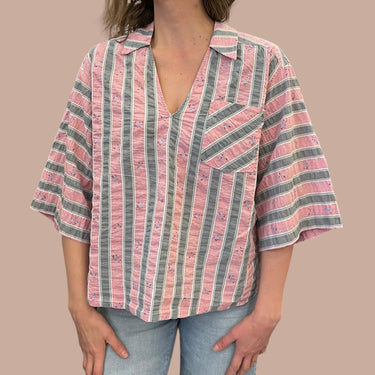 Blouse à rayures roses et grises fleurie en coton pour femmes S/M