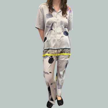 Chemise gris-bleu à motifs en soie pour femmes XS