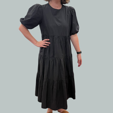 Robe noire 'Delphi' avec manches ballons en popeline de coton pour femmes L