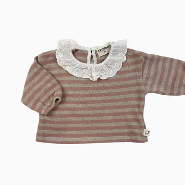 Pull petit col rayé rose et taupe 3M