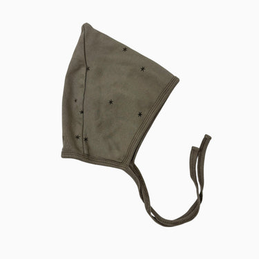 Bonnet pixi sauge-taupe étoiles en coton bio doublé 6-12M
