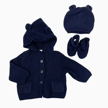 Veste à capuchon marine en tricot de coton avec tuque et chaussons 3-6M