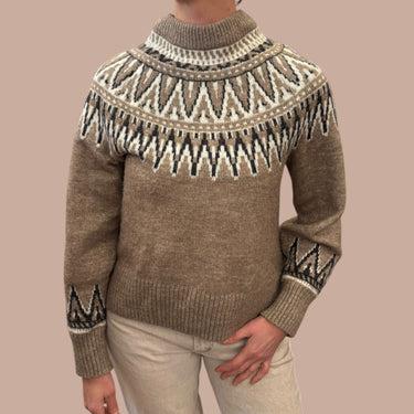 Pull taupe 'fairisle' en tricot de laine et poly pour femmes S