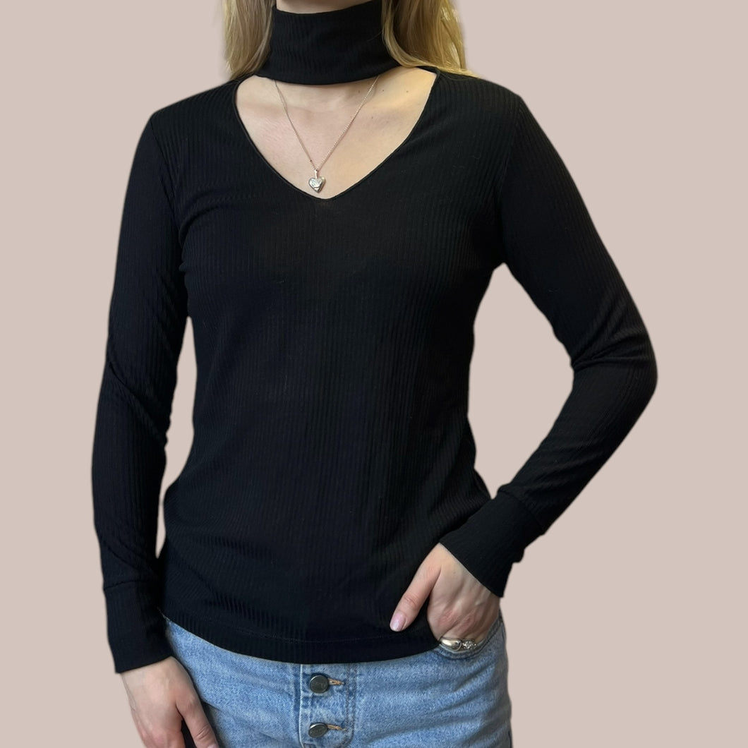 Chandail noir avec découpes en coton et spandex cotelé fait aux É-U pour femmes S