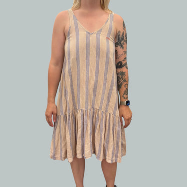 Robe rose crème à rayures bleues en lin et coton pour femmes 40