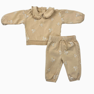 Ensemble pull à col et jogger jaune paille en coton bio extensible à imprimé floral 6M