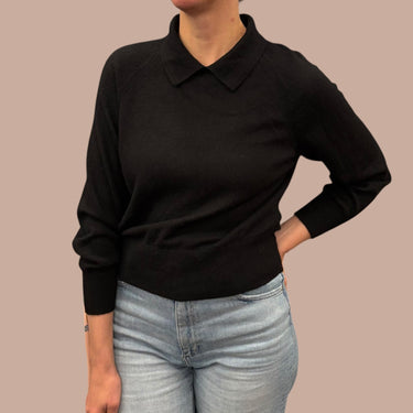 Pull style polo noir en cachemire et nylon pour femmes M