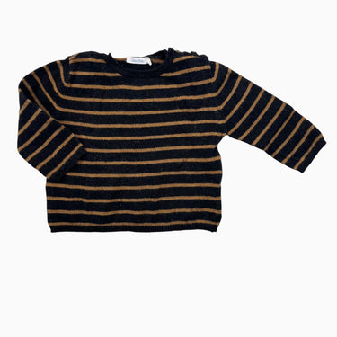 Pull noir en coton et laine à rayures caramels 6M