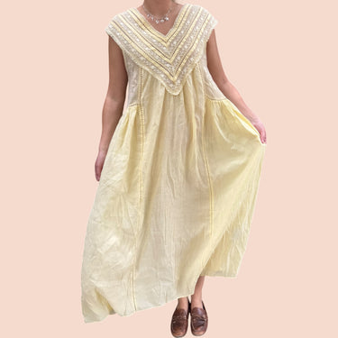 Robe maxi jaune avec fleurs brodées en coton et poly pour femmes S