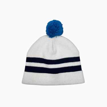 Tuque vanille à rayures marine à pompon doublé en polar 47CM