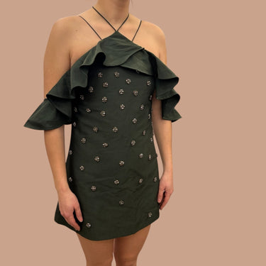 Robe mini olive avec perles poly,coton etnylon pour femmes S