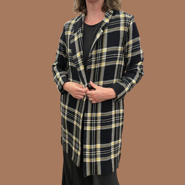 Manteau noir carreauté en acrylique et laine pour femmes L