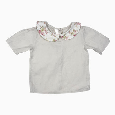 Blouse vanille à col claudine fleurie fait main 2-3Y
