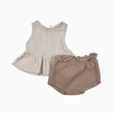 Blouse crème basque à rayures roses en mousseline et bloomer beige-rosé 18-24M