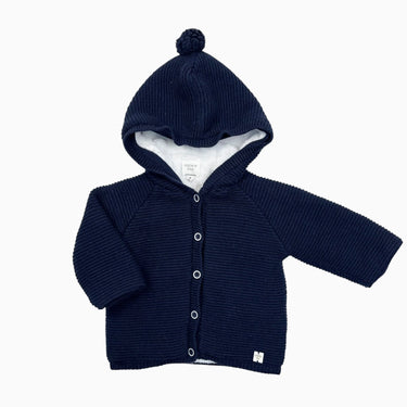 Veste marine à capuchon en tricot de coton et laine doublé en peluche 12M