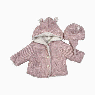 Veste à capuchon avec tuque rose en tricot doublée en peluche 0-3M