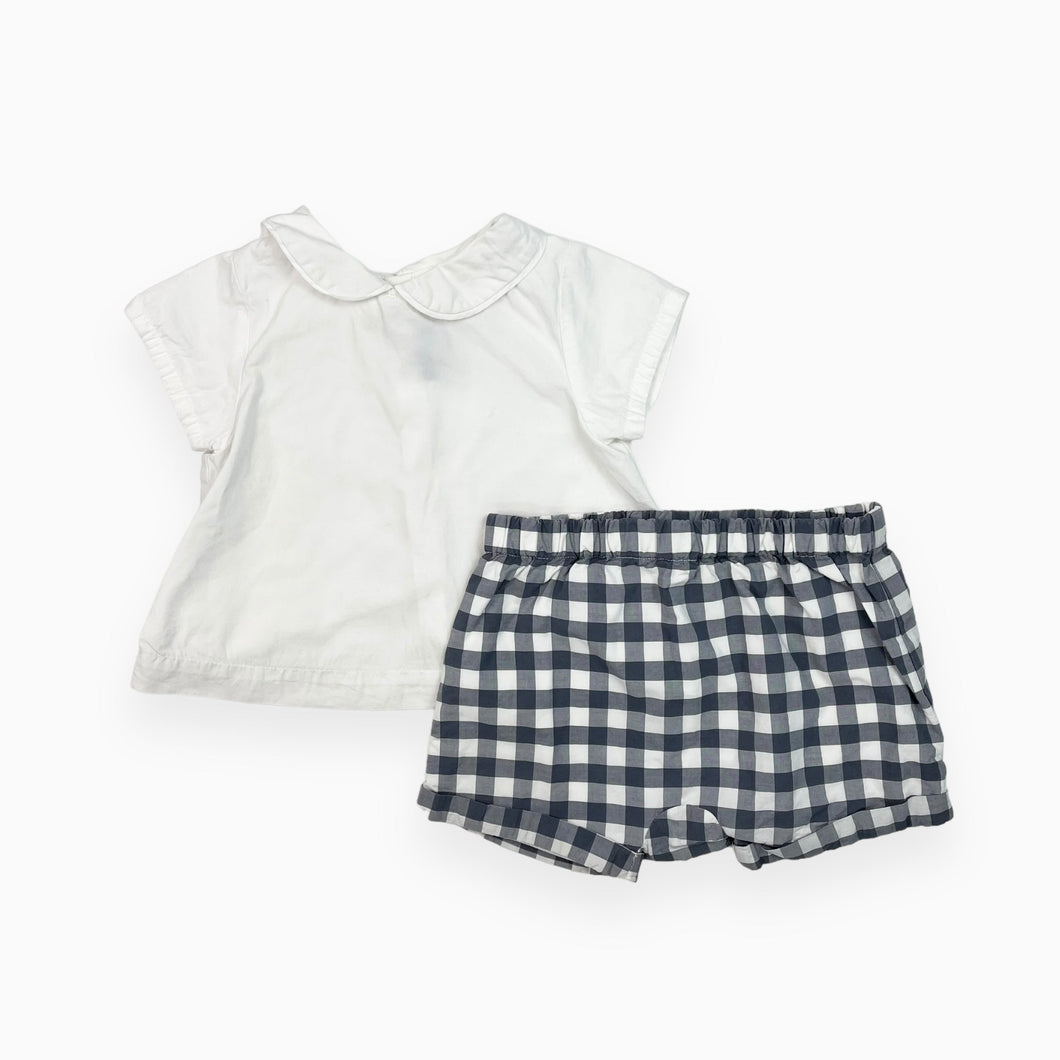 Ensemble blouse blanche et bloomer à motif vichy en coton 12M